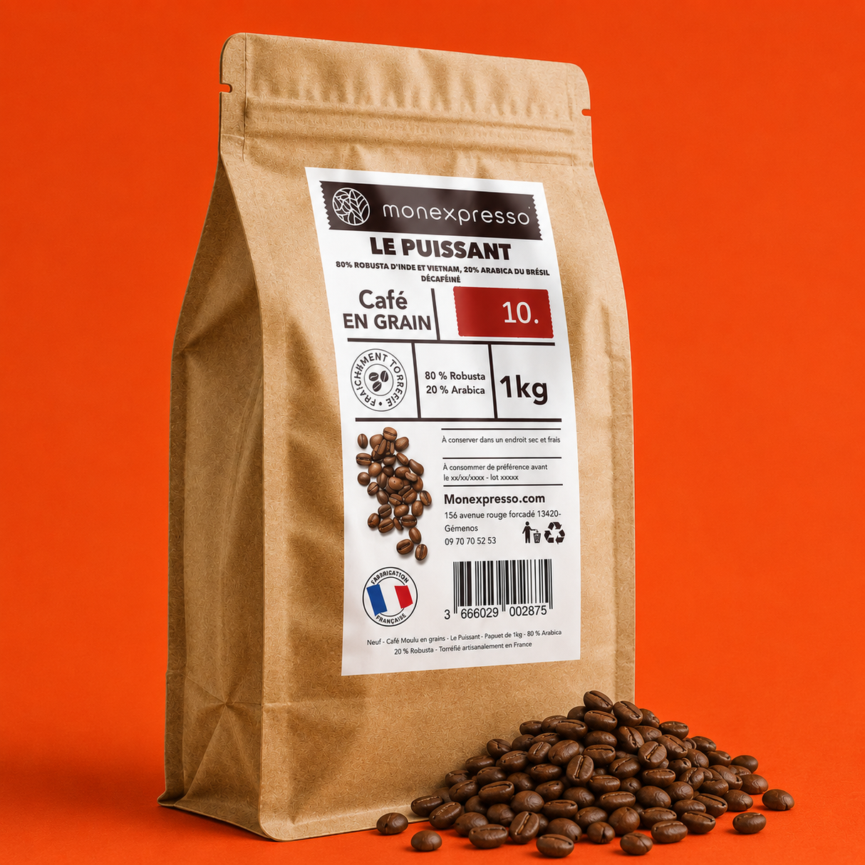 Café en grains - Mélange Le Puissant décaféiné - Force 10