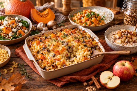Table automnale avec gratin de coquillettes au potimarron, curry de pois chiches, bowl de quinoa et porridge aux pommes